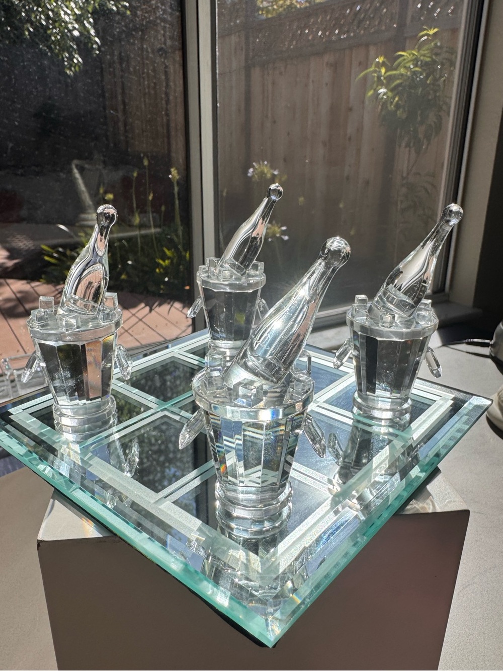 Set of 4 Solid Fused Crystal Champagne Bottle in Ice Bucket Figurines